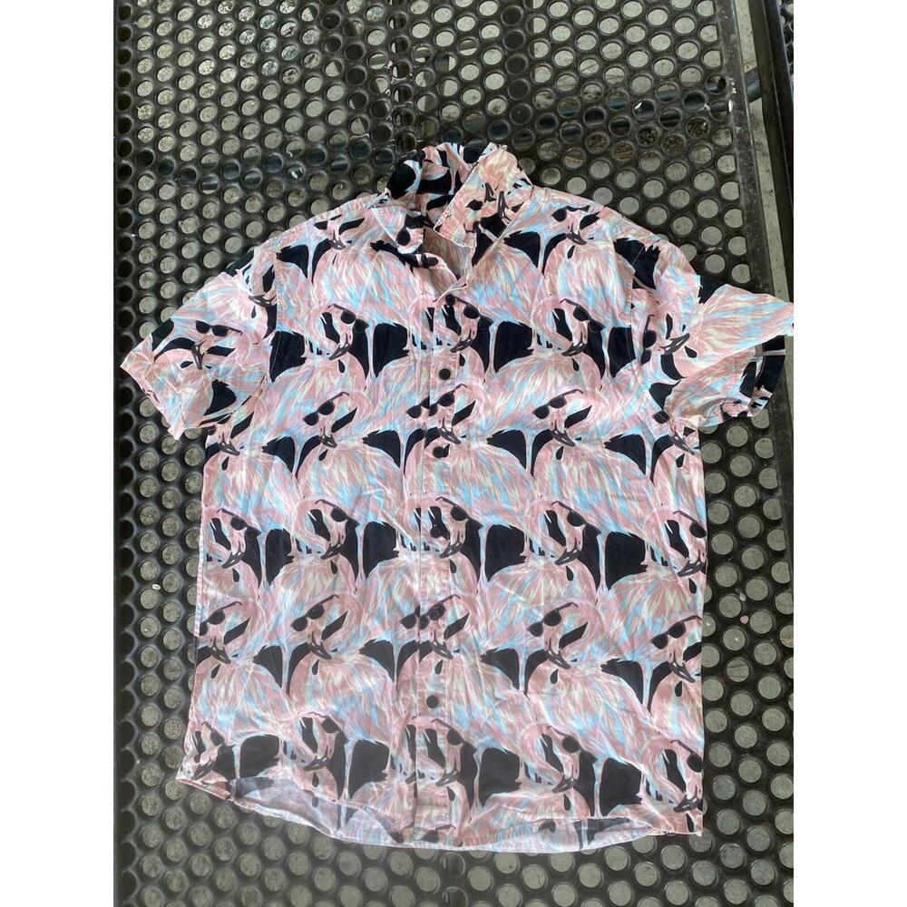 Neff Men Short Sleeve Button Up Black Pink Flamingo Shirt Medium Tropic Hawaiian